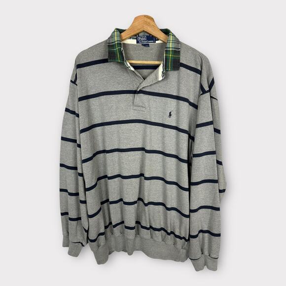 Polo Ralph Lauren Mens size XL VTG Striped Plaid Collar Rugby Sweater Pullover